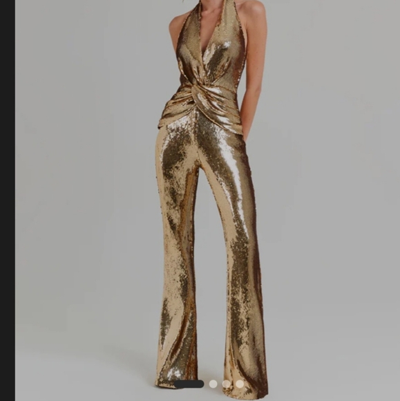 Gold Sequin Halter Jumpsuit - Picture 1 of 6